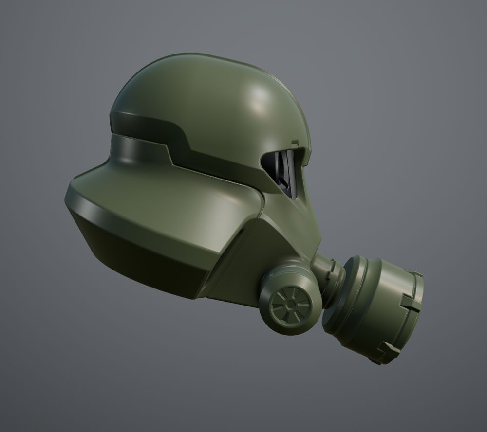 green combat gas mask helmet with red glowing eyes, side view