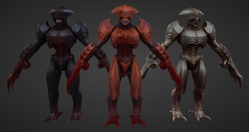 screwwnshot of a retro gameart character, a monster with chitin armor and a skull face (eyes covered by armor). there are 3 versions: orange, tar black, and metallic
