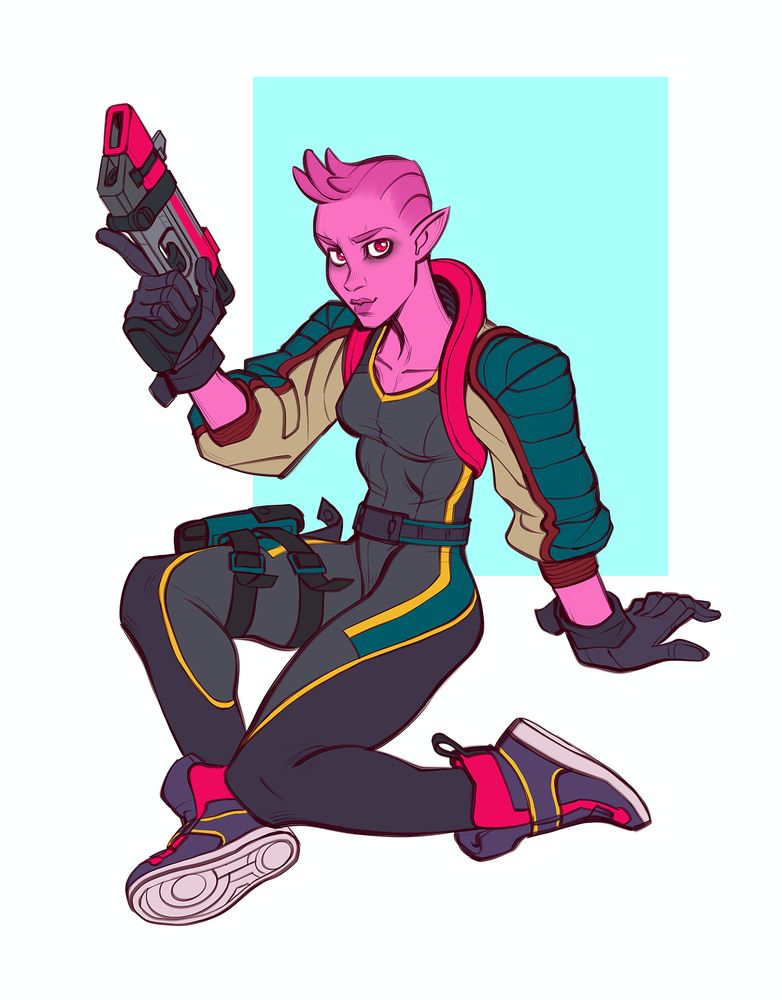 illustration of a sci-fi character, humanoid with pink skin. puffy jacket, chunky high top shoes. sitting on the floor holding a plasma pistol