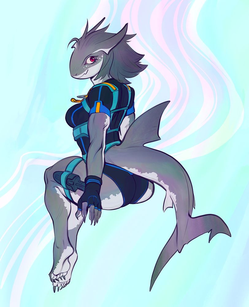 drawing of an anthropomorphized shark woman. she has soft horns, hair, and is wearing a wetsuit with gloves and a diving knife. she's based off of the Great White Shark