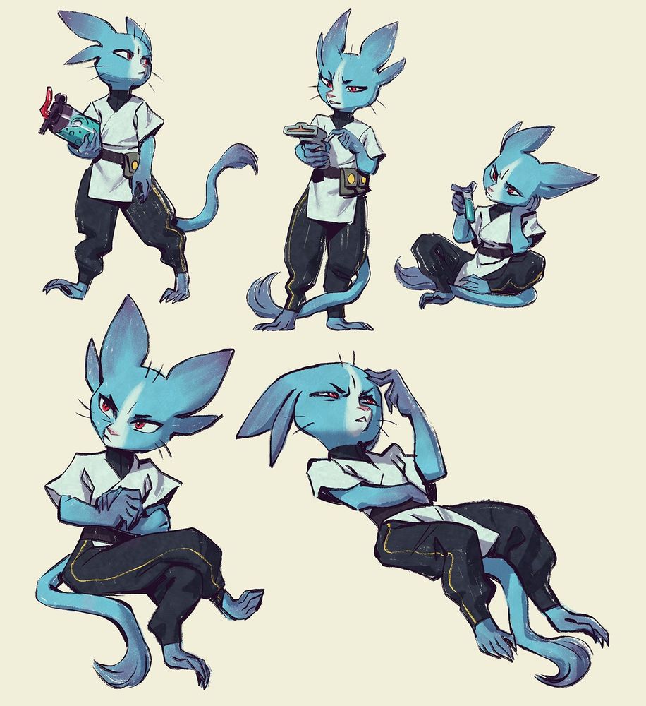 scribbles of a small alien cat/fox creature doing science and being grumpy