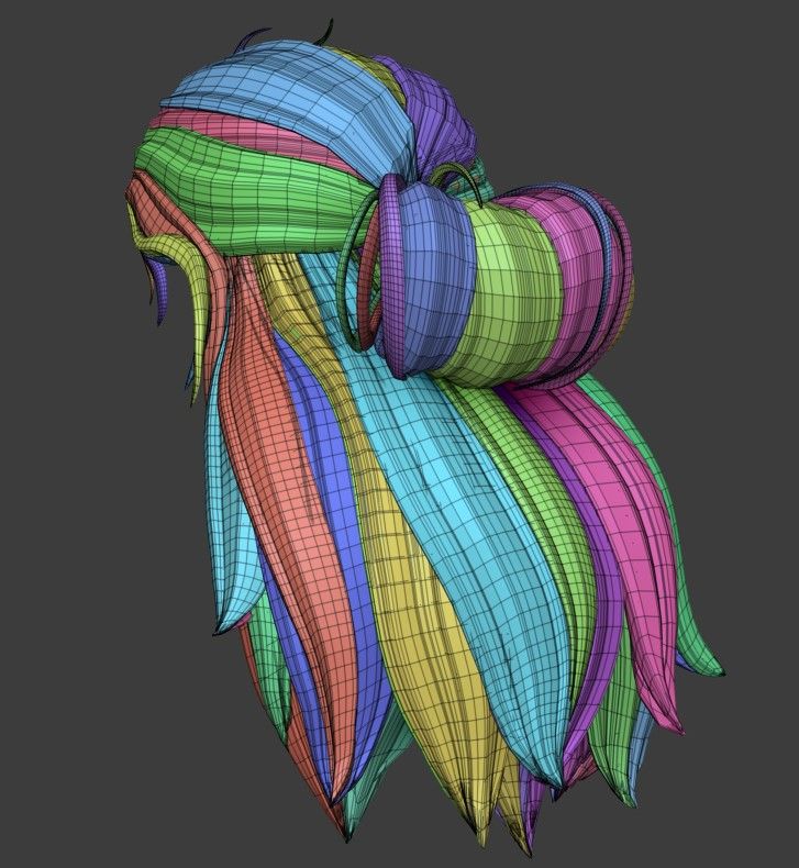 screenshot of a stylized hairstyle showcasing the wireframe