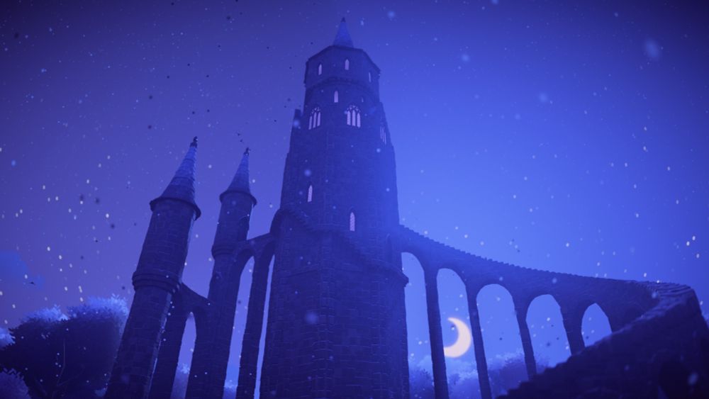 nighttime scene from below looking at the tower, the lights are a purple glow, and the moon is visible below the arches of the staircase