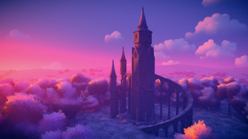 screenshot of a gothic tower with a free-standing spindly winding staircase leading up to it. lighting is sunset, and very pink