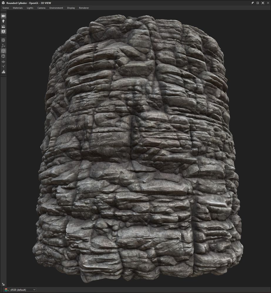 screenshot of a cylinder with a tiling rock cliff material on it. the rock is craggy, eroded, and layered. the color of the cliff is very light grey