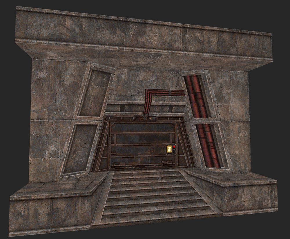 retro gameart screenshot of a rusty sci-fi door in a concrete structure wall. red pipes at the side, stairs leading up to it. a lot of the shapes use a 4:1 ratio slopes