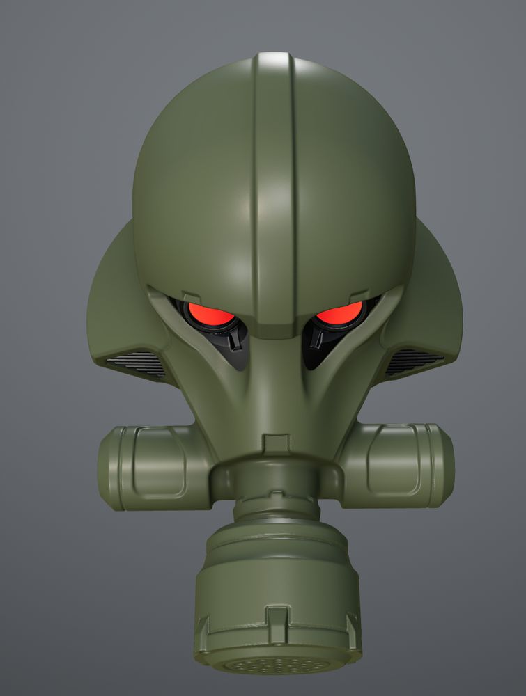 green combat gas mask helmet with red glowing eyes, top view