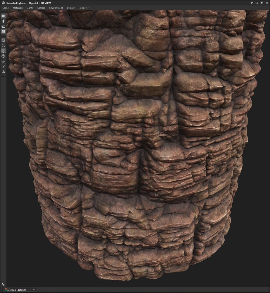 screenshot of a cylinder with the same tiling rock cliff material on it, pointed downward a bit to feel like we're looking into a ravine or at the base of an outcropping. the color of the cliff is tan, sandstone-like.