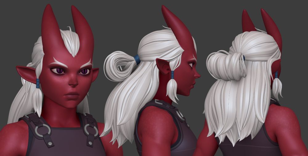 3 portrait views of a 3d demon character with long white hair