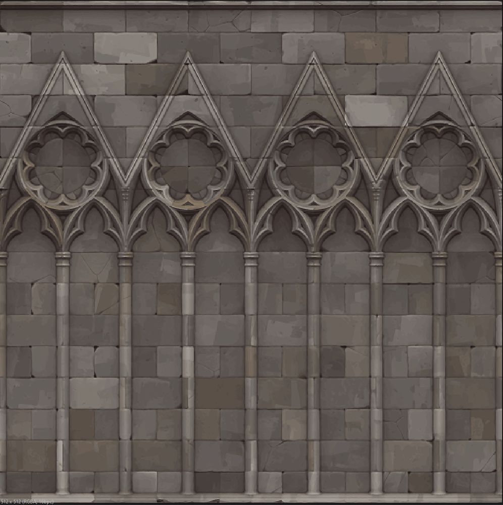 a stylized texture of a gothic facade of arches, in grey stone. the rendering is very soft and cartoonish