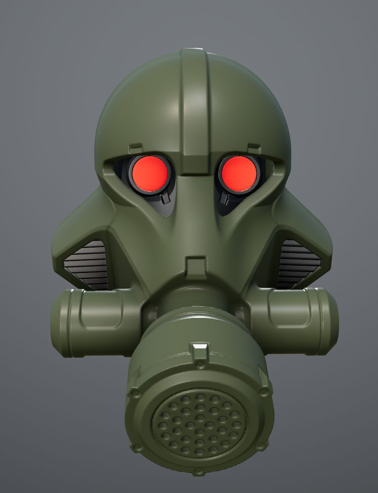 green combat gas mask helmet with red glowing eyes, front view