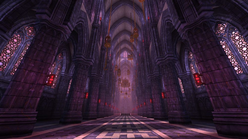 3d retro game art scene in quake of a large blue marble cathedral. the light spilling in and illuminating the scene is a warm purple