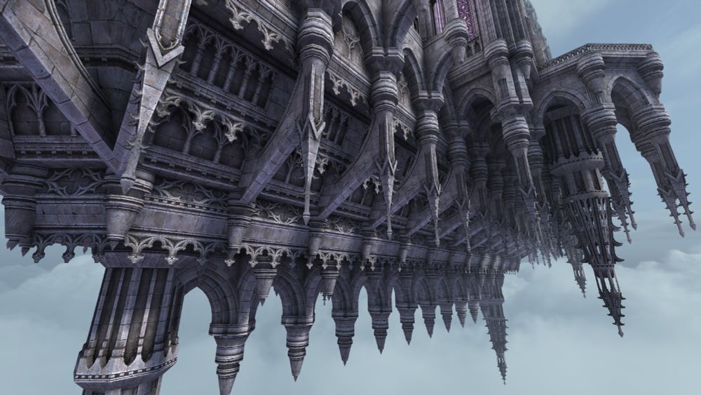 screenshot of a retro gameart cathedral exterior, the floating spires of the under section
