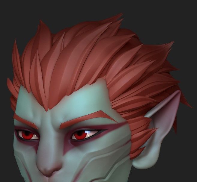 screenshot of a stylized hairstyle on a green oni with red hair