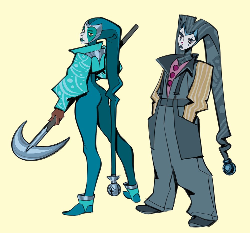 drawing of 2 jester characters. one has a big jacket and a single horned hat that is very long, with a silver bell on the end. her colors are mostly teal/cyan. the other is in a baggy mostly grey work onesie (maybe?) with the zipper open showing a bit of color and puff buttons, and yellow sleeves. her hat has two horns, with dark metal bells.