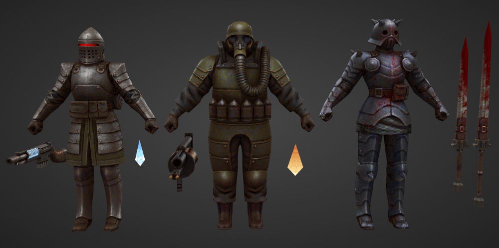 screenshot of retro game art characters, a cross between military and medieval knight armor and weapons