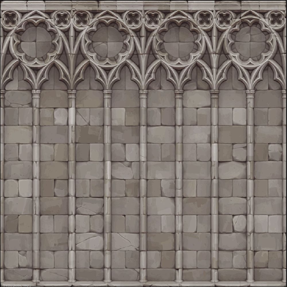 a stylized texture of a gothic facade of arches, in pale stone. the rendering is very soft and cartoonish