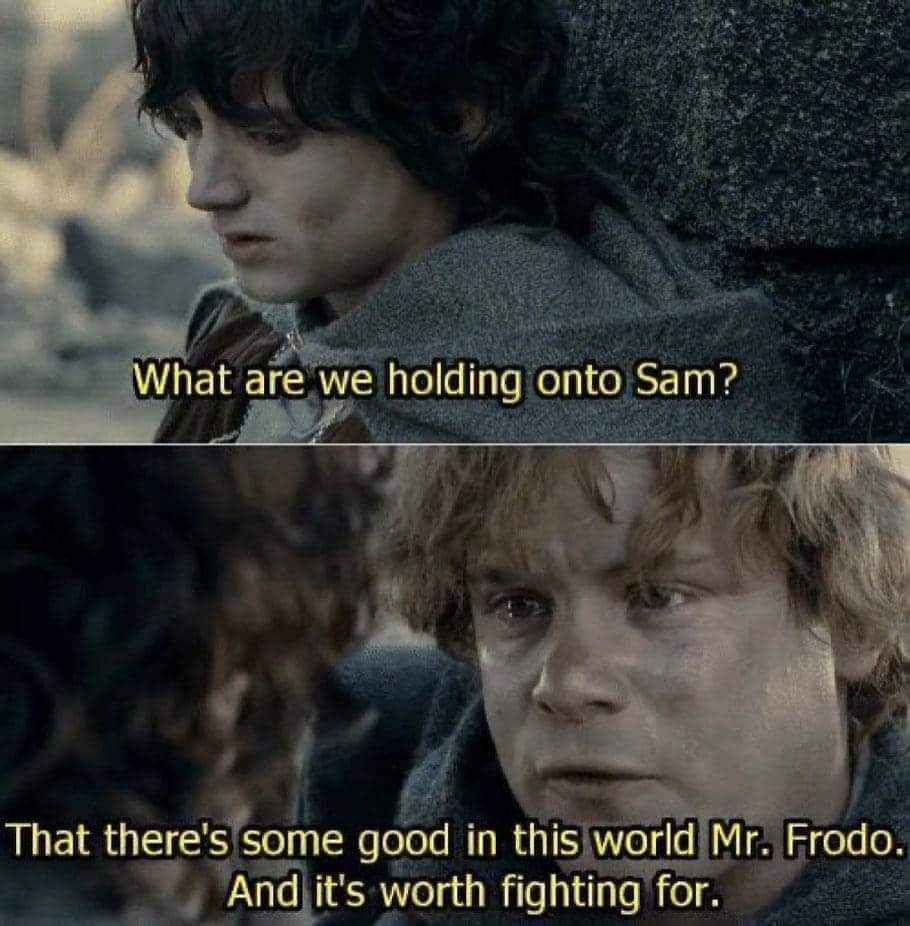 What are we holding onto, Sam?
That there's some good in this world, Mr. Frodo. And it's worth fighting for.