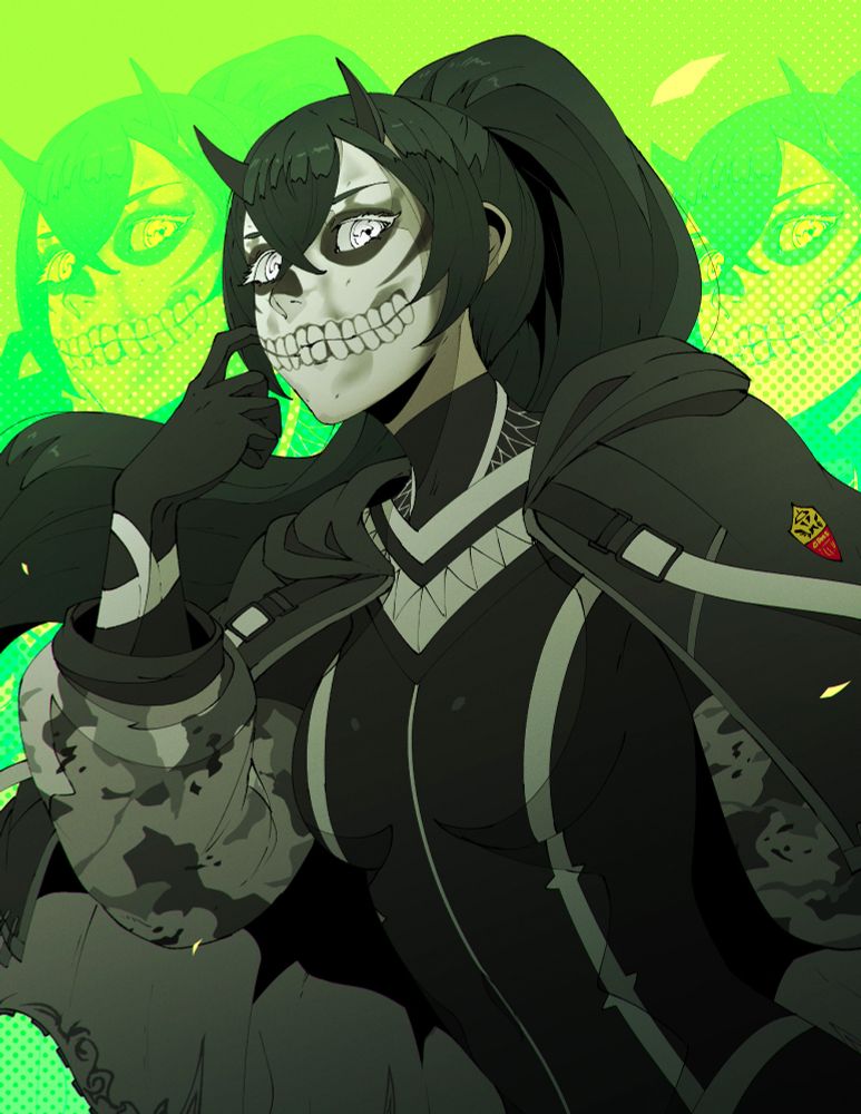 Victoriya Lasche, a Deuman made for Phantasy Star Online 2.  Her notable features include eyes that have a metallic sheen, relatively small horns, and skull tattoo including teeth covering her entire face.  She is wearing winter clothes and a cape