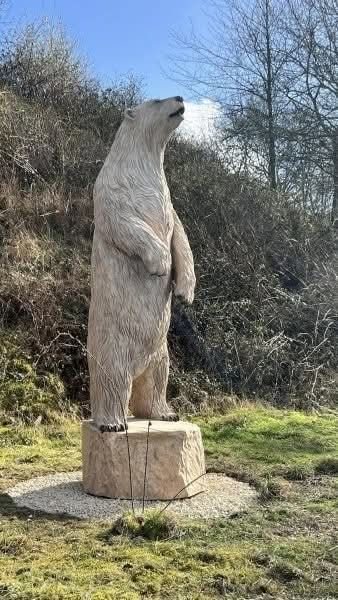 11' wood polar bear sculpture by Simon O'Rourke 