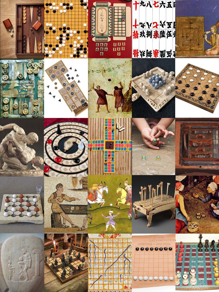 A backloggd style 5x5 grid of "best games from the first millenium"

From right to left and then down:
Backgammon, Go, Senet, Chinese playing card game, Nine Men’s Morris
Tabula, Royal Game of Ur, Harpastum, Fidchell, Alquerque 
Pankration, Mehen, Pachisi, Marbles, Liubo 
Seega, Roman dice game, Polo, Hounds and Jackals, Knucklebones
Episkyros , x, Snakes and Ladders, Hnefatafl, Ashtapada