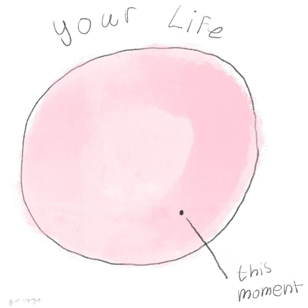 A soft, pink watercolor circle labeled “Your Life,” with a small dot near its edge labeled “this moment.”
