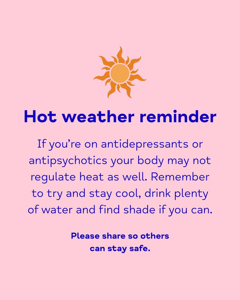 A graphic titled "Hot weather reminder" with a sun illustration at the top. The text advises staying hydrated, resting in cool environments, and finding shade to stay safe during hot weather.