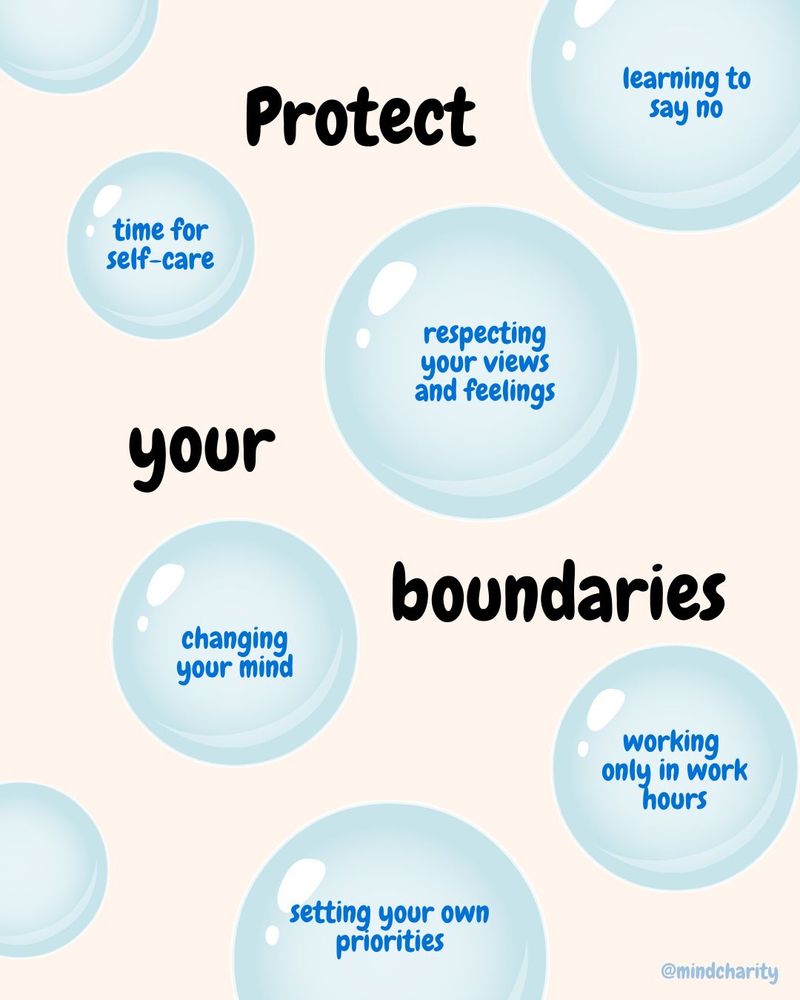 Protect your boundaries. Bubbles with the following boundaries in them: time for self-care, respecting your views and feelings, learning to say no, changing your mind, setting your own priorities, working only in work hours.
