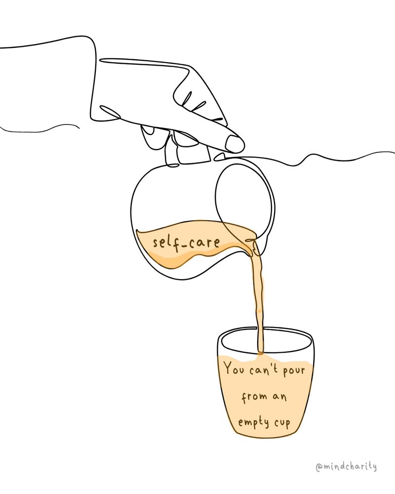 'Self-care' in a jug being poured into a cup that says 'you can't pour from an empty cup'