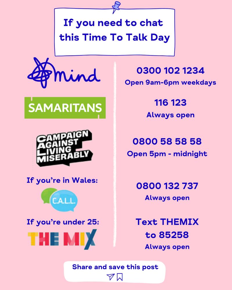 A pink graphic providing helpline contact details for Time to Talk Day. The text at the top reads: ‘If you need to chat this Time To Talk Day.’ Below, it lists different support services with their contact numbers:
	•	Mind: 0300 102 1234 (Open 9am-6pm weekdays)
	•	Samaritans: 116 123 (Always open)
	•	Campaign Against Living Miserably (CALM): 0800 58 58 58 (Open 5pm - midnight)
	•	C.A.L.L. (for people in Wales): 0800 132 737 (Always open)
	•	The Mix (for under 25s): Text THEMIX to 85258 (Always open)

At the bottom, a call-to-action reads: ‘Share and save this post.’