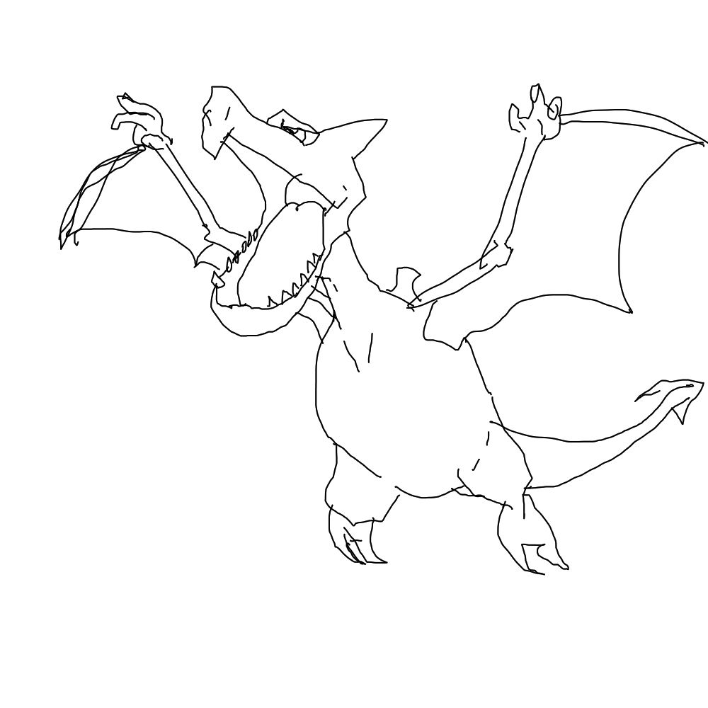 A sketchy digital lineart, black on a white background.

A dinosaur-like flying dragon. Instead of front legs, it has clawed hands on its bat-like wings. It has a long tail with a barbed tip. It has one horn on top of its head, and is roaring at the viewer, showing many small, sharp teeth.

An attempt at Aerodactyl.
