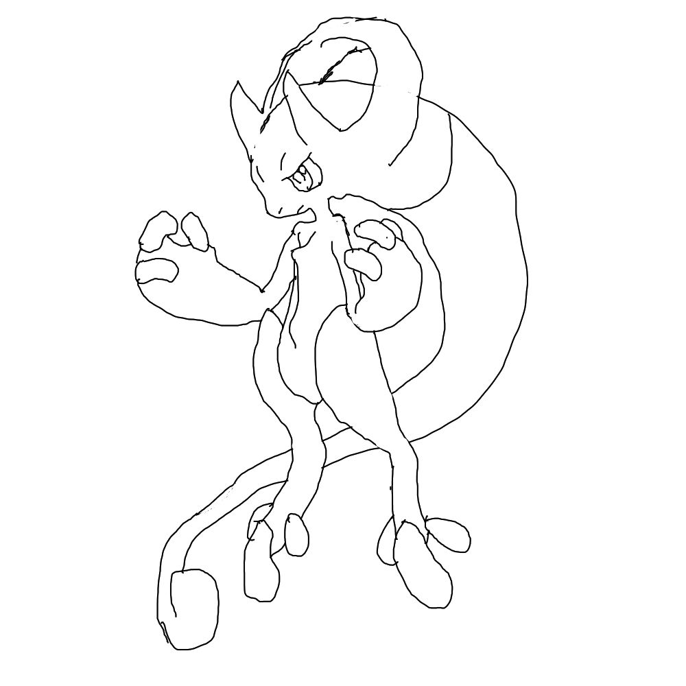 A sketchy digital lineart, black on a white background.

A floating bipedal cartoon creature. It has narrow shoulders and a pear-shaped body. Its hands and feet all have three oblong bulbs for fingers and toes. Its limbs are thin aside from its enlarged forearms. It has a short snout and large, pensive eyes. It has a sharp horn above each eye, their bases connected by a halo-like shape behind the creature's head. Extending smoothly from the back of the head is a long, tail-like appendage that curves around its body, ending in a single curl near its feet.

An attempt at Mega Mewtwo Y.