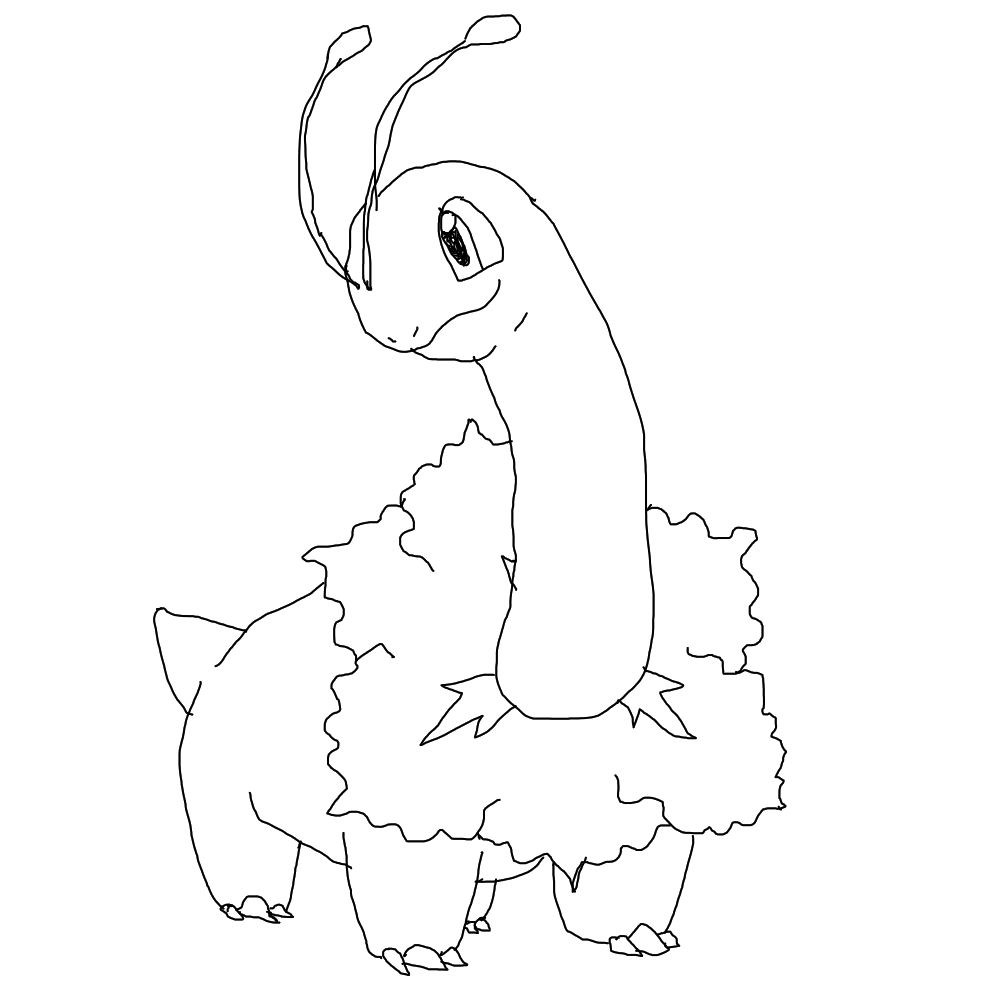 A sketchy digital lineart, black on a white background.

A quadruped cartoon dinosaur with a short tail and a long neck. It has a ruff made of flower petals around the base of its neck. It has large eyes, and two thin antennae with bulb shapes at the end.

An attempt at Meganium.