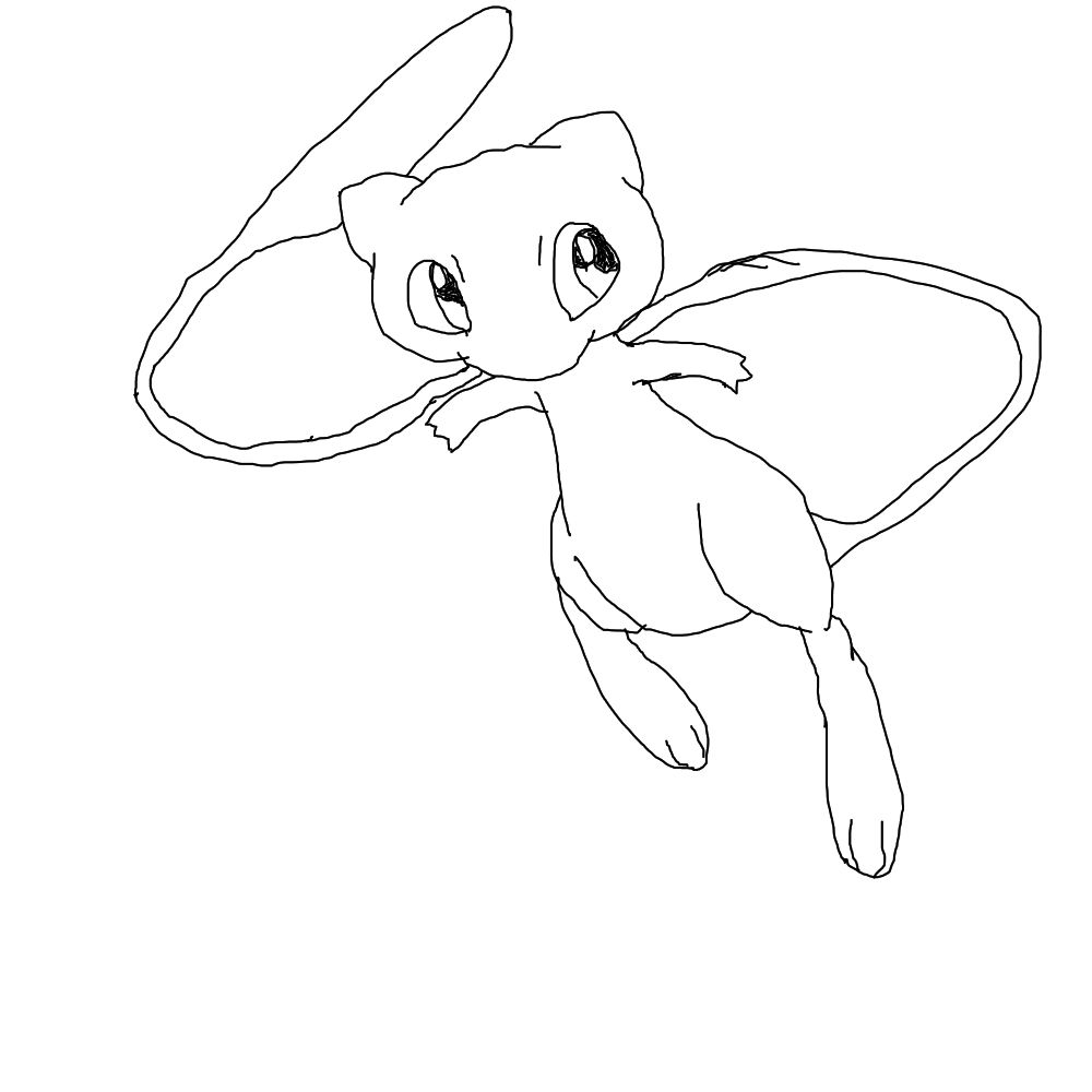 A sketchy digital lineart, black on a white background.

A floating cartoon creature with large eyes and childlike proportions. It has a pear-shaped body, short arms, cat-like ears and no visible mouth. Its lower body resembles a kangaroo joey, with long, slender paws. It has a long, thin tail trailing behind it in an S-shape, with a thicker, teardrop-shaped section at the end.

An attempt at Mew.