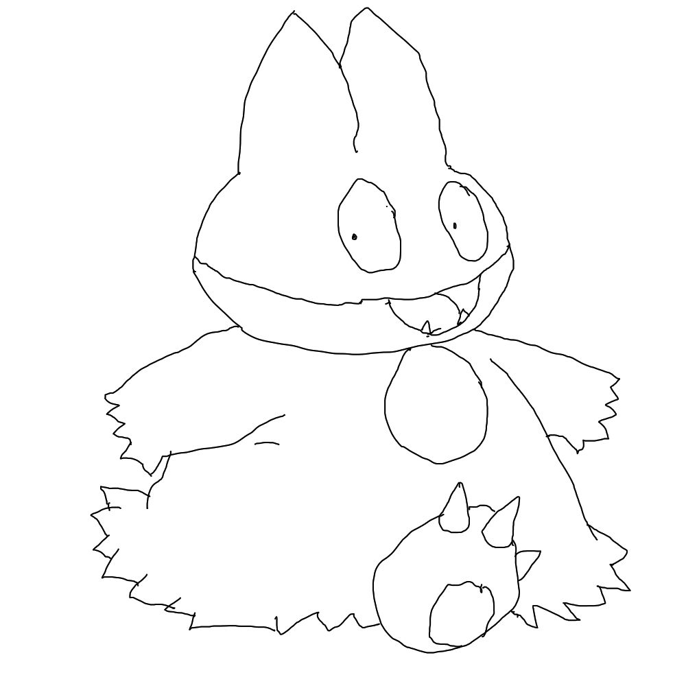A sketchy digital lineart, black on a white background.

A chubby cartoon creature. It has a wide, round head with a horizontal line around the middle. In the bottom half is a smiling mouth with two small lower fangs. In the top half is two large, beady eyes, and two thick ears standing straight up like a rabbit's. The body is squat, roughly the same height as the head and ears, and there's no visible neck. It is walking forward, the underside of one three-clawed paw visible. The shape of its fur, like a wide skirt, obscures its other foot and legs.

An attempt at Munchlax.