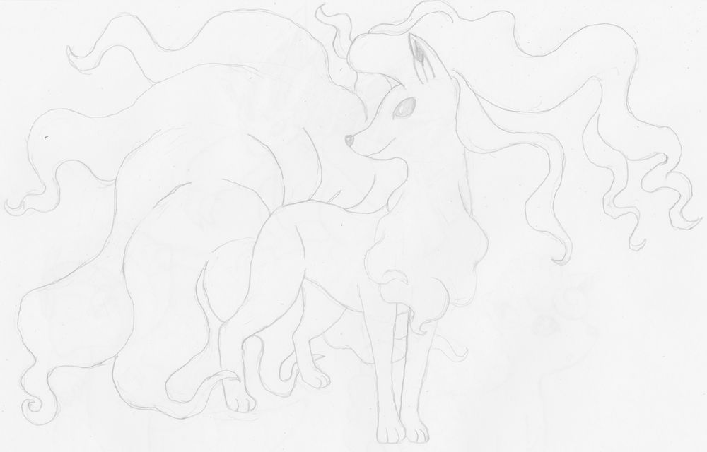 A messy pencil sketch on white paper. A fox-like creature with a long, wavy mane that flows off to the right like mist. It is standing upright at a 3/4 perspective, with all four legs and paws visible to the viewer. Its face is in profile, looking to the left. Its tails fan out behind it in a cloud-like mass ending in whispy tendrils. It has a black nose, dark eyes, and the inside of the ear is shaded. It appears to be smiling. An attempt at Alolan Ninetails.