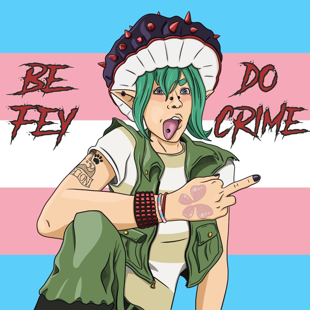 Gift art for FudgetheFey. It depicts a Fey kneeling down and wearing an olive green vest, olive green pants, white and muted green t-shirt, punk bracelet, Trans Pride bracelet, a red bracelet, and a spiked dark purple, red, and off white mushroom hat! The Fey has 2 tattoos, a bridge piercing, ear piercing and tongue piercing. They are sticking their tongue out, and flipping off the camera. The entire background is the Trans Pride Flag, and there is text to the left and the right that reads "Be Fey" on the left, and "Do Crime" on the right.