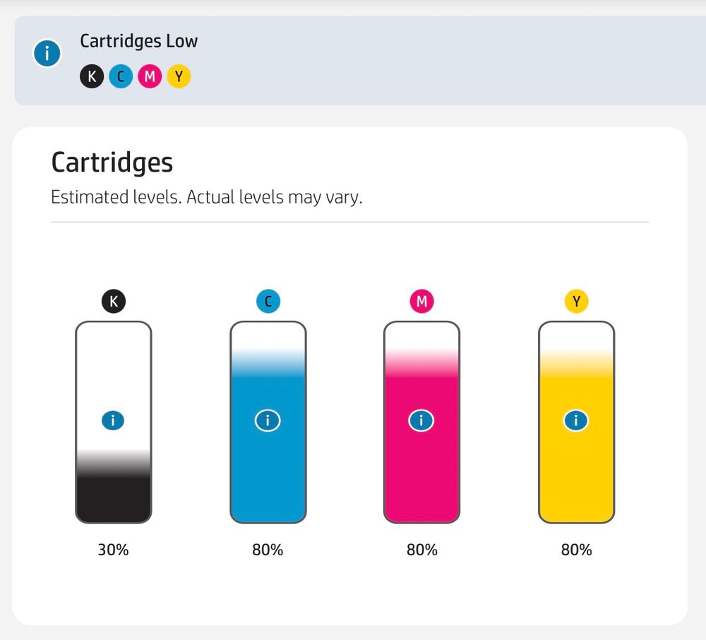 A screenshot from an HP laser printer web interface detailing the following:
- a notification that the black, cyan, magenta, and yellow cartridges are low
- the estimated cartridge levels for black, cyan, magenta, and yellow as 30%, 80%, 80%, and 80% respectively.