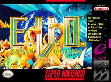 Box art for SNES game, E.V.O. Search for Eden.