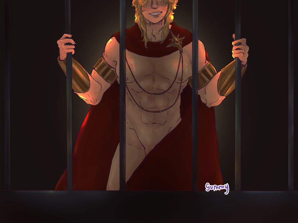 A blond, pale nude figure in a red cape behind bars. wearing golden accessories on his arms, a warm light source is behind the figure