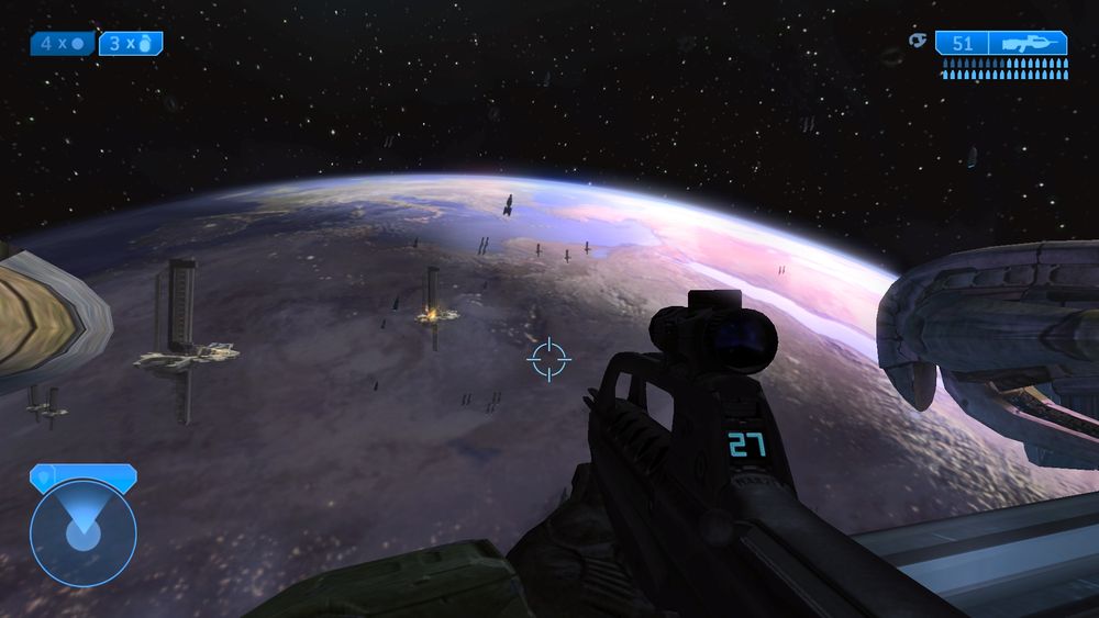 Master Chief observando uma batalha espacial, dentro da estação 