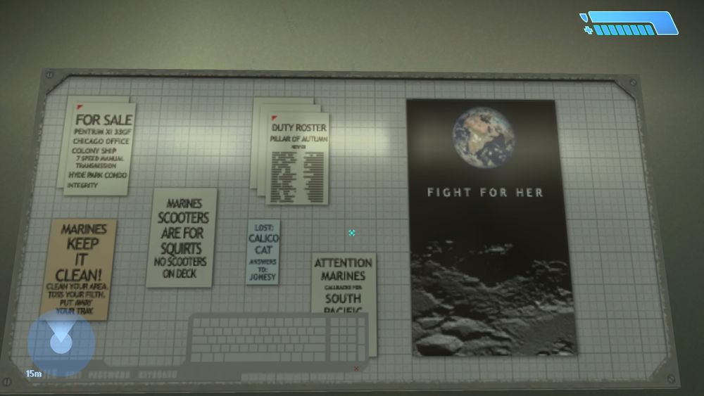 Quadro com cartazes, dentro da Nave Pilar do Outono. O mais chamativo é um focado no planeta terra, do pontond de vista da lua, com a mensagem "Lute por ela"