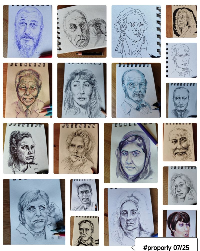 Collage aus 19 Portraitskizzen. 