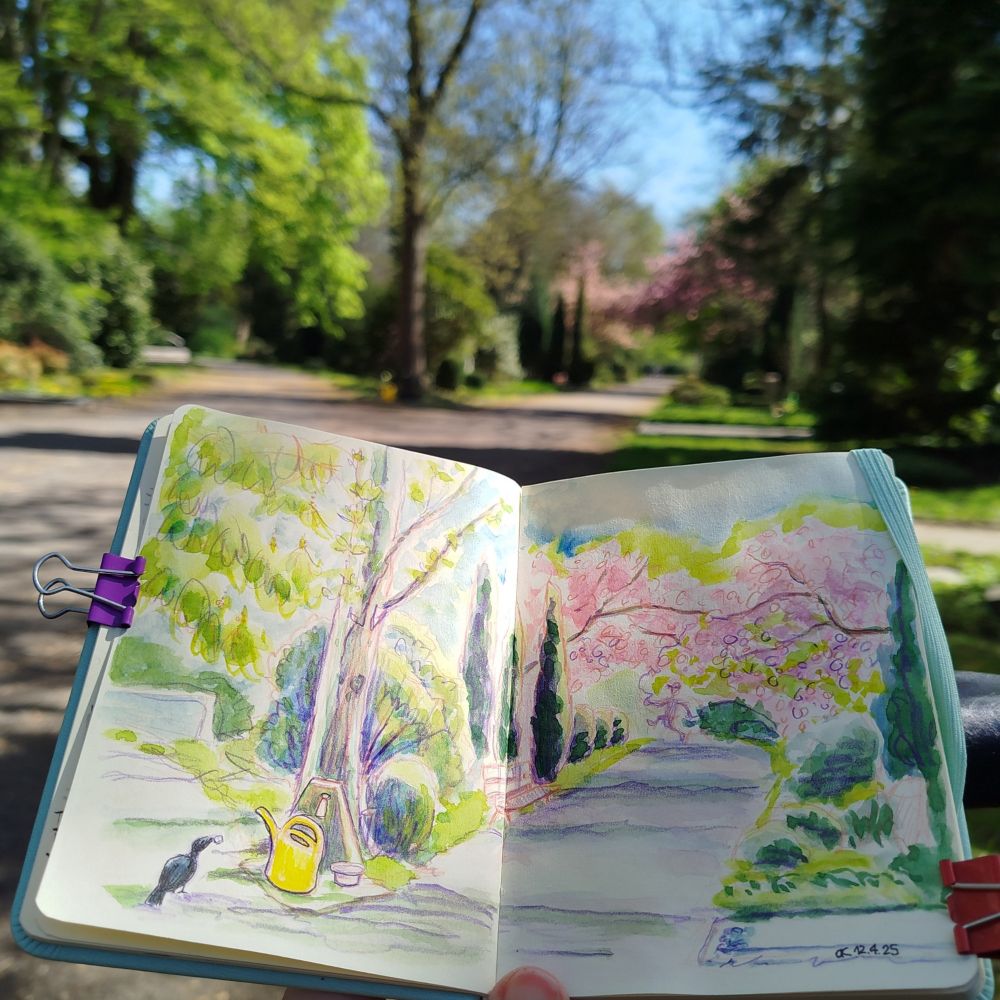 Sketchbook in front of the scenery. 
