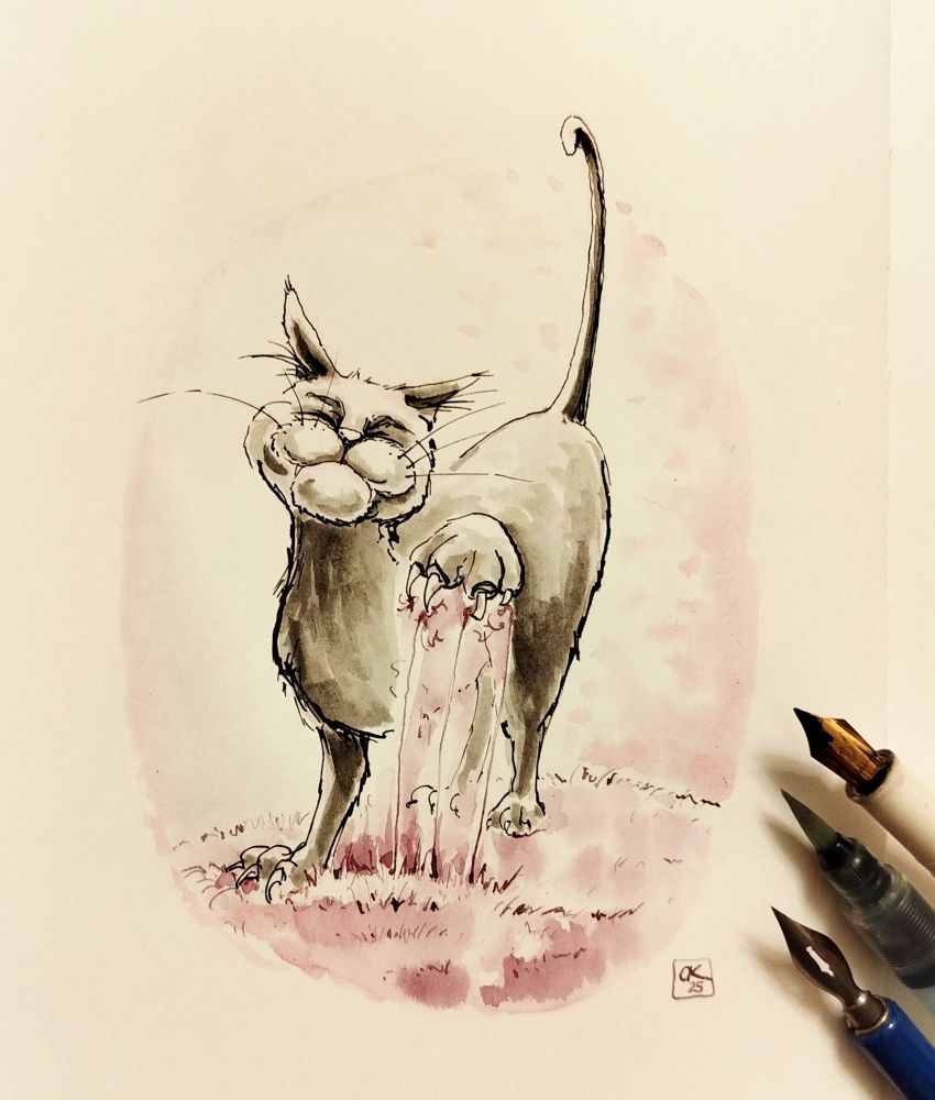 Ink drawing of a black cat, happily destroying a blanket. 