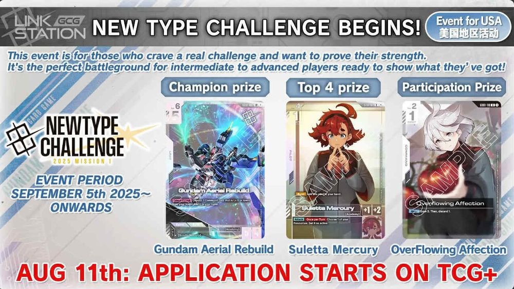 A poster for the "new type challenge" a competitive gundam trading card game event with 3 alternative arts featuring gundam aerial rebuild, suletta mercury and miorine 