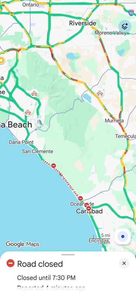 Screenshot of Google Maps in southern California showing the 5 Freeway closed and the 15 Freeway with yellow and red traffic from the 91 split nearly continuously until it hits the 78 in Escondido.