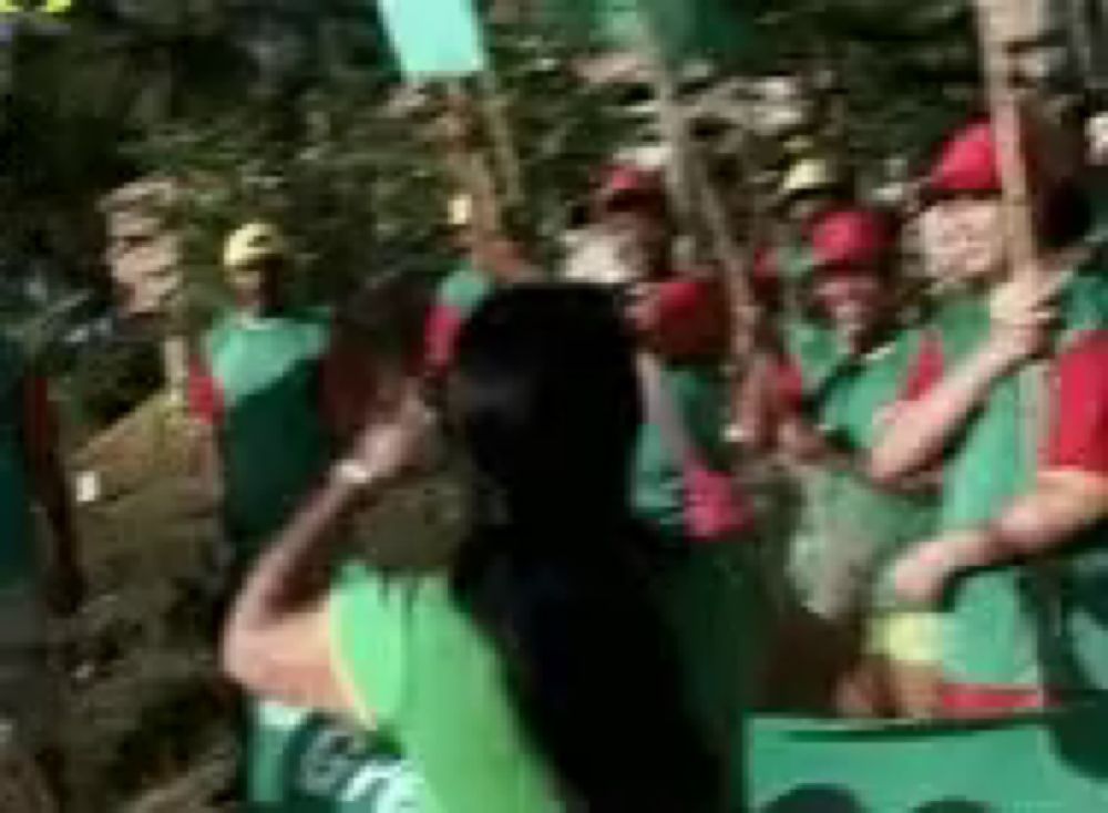 a group of people wearing green shirts and red hats are standing in a crowd holding signs .