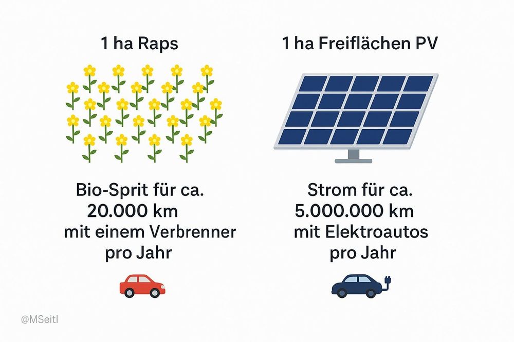 Das Bild vergleicht den jährlichen Energieertrag von 1 Hektar Rapsanbau mit dem von 1 Hektar Freiflächen-Photovoltaik (PV):

Links (Raps):

1 Hektar Raps liefert genug Bio-Sprit, um mit einem Verbrennungsmotor-Fahrzeug ca. 20.000 km pro Jahr zu fahren.

Dargestellt durch gelbe Blüten (Rapspflanzen) und ein rotes Auto.


Rechts (Photovoltaik):

1 Hektar Freiflächen-PV liefert genug Strom, um mit Elektroautos ca. 5.000.000 km pro Jahr zu fahren.

Dargestellt durch ein PV-Modul und ein blaues Elektroauto.



Fazit (implizit): Photovoltaik ist auf gleicher Fläche wesentlich effizienter in der Energieerzeugung für Mobilität als der Anbau von Energiepflanzen wie Raps.

