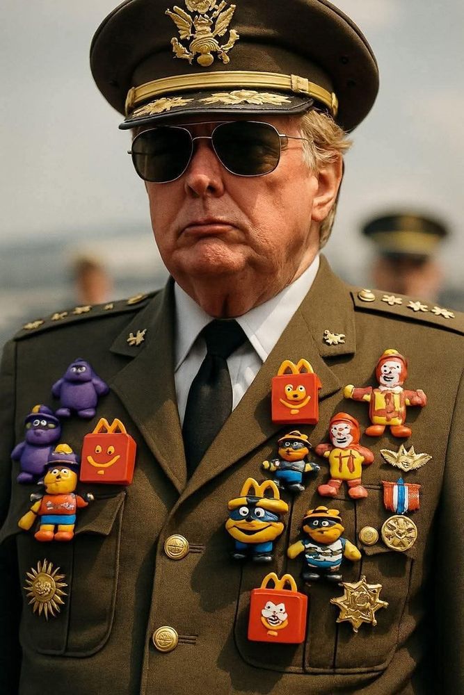 Die Bildbeschreibung lautet:

Donald Trump in militärischer Uniform und dunkler Sonnenbrille steht ernst blickend vor der Kamera. Er trägt eine olivgrüne Offiziersjacke mit goldenen Knöpfen und Abzeichen. Auf seiner Brust prangen jedoch keine typischen militärischen Orden, sondern eine groteske Ansammlung von Spielzeugfiguren und Symbolen aus dem McDonald's-Universum:

Mehrere Happy Meal-Schachteln als Abzeichen

Figuren von Ronald McDonald, Grimace, dem Hamburglar und weiteren Maskottchen

Die Farben und Gestaltung erinnern an eine absurde Parodie auf autoritäre Militärherrscher – kombiniert mit Fast-Food-Kultur.


Der Gesamteindruck ist satirisch, grotesk und gesellschaftskritisch: Eine Mischung aus Machtinszenierung und infantiler Konsumkultur. Es wirkt wie eine visuelle Allegorie auf Populismus, oberflächliche Machtinsignien und den Schulterschluss zwischen politischer Pose und Fast-Food-Ästhetik.


